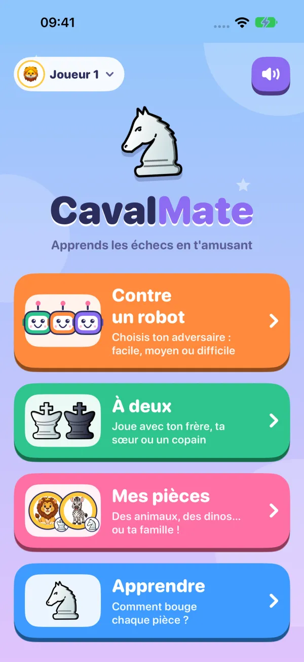 L'accueil de CavalMate : contre un robot, à deux, mes pièces, apprendre